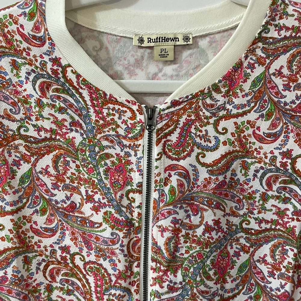 Size PL,PXL Ruff Hewn White Paisley Zip-Front Bomber Jacket w/ Colorful Accents